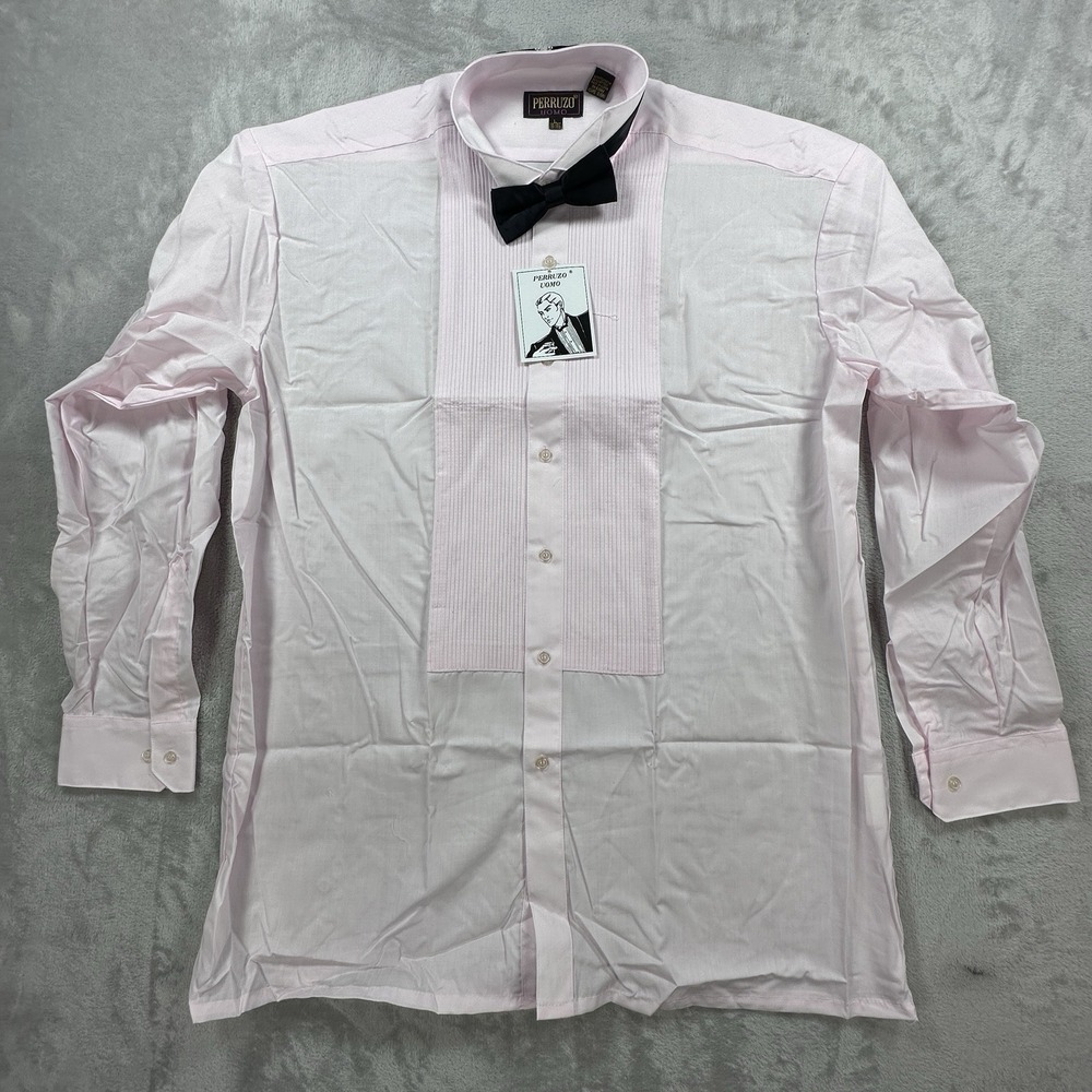 Perruzo Uomo Tuxedo Dress Shirt Mens L 16-16.5 Pink Long Sleeve Bow Wing Collar